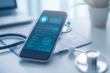 Futuristic digital healthcare ecosystem with advanced medical devices and technologies like AI, telemedicine, and data security.