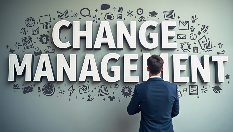 Businessman standing before a wall with 'Change Management' text and business icons.