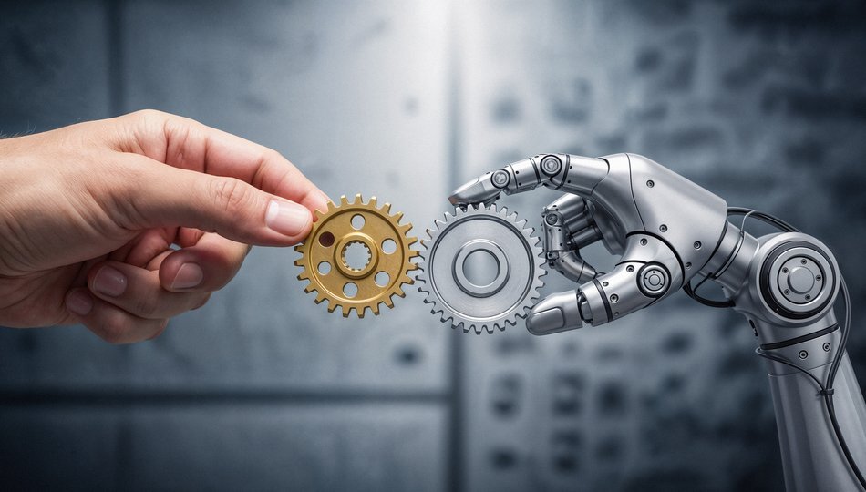 Human hand and robotic hand connecting gears, symbolizing AI-driven automation and human collaboration in manufacturing.