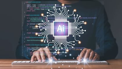 AI MVP development shown through a person typing on keyboard with an AI chip circuit graphic overlay.