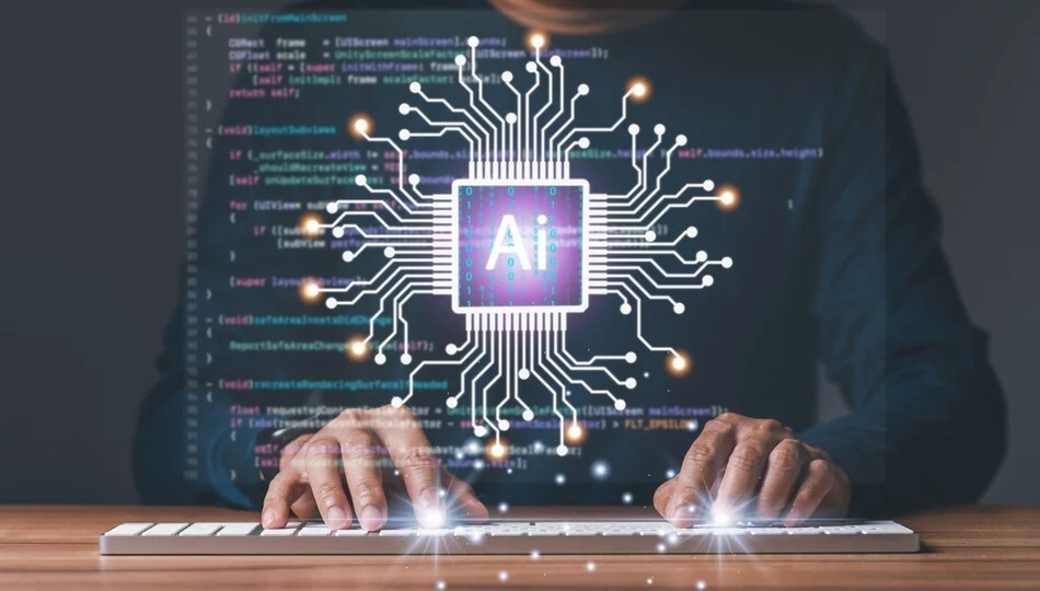 AI MVP development shown through a person typing on keyboard with an AI chip circuit graphic overlay.