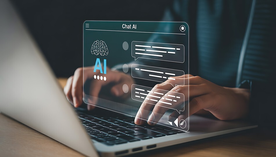 Person typing on laptop with AI chatbot interface overlay, representing AI readiness assessment.