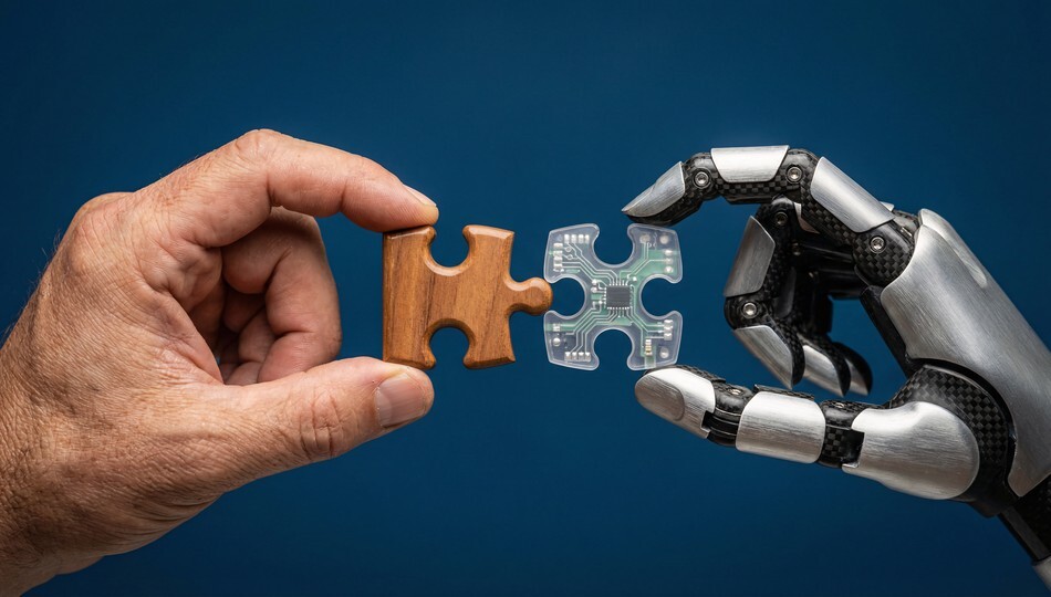 Human and robotic hands joining puzzle pieces, symbolizing closing the AI skills gap.