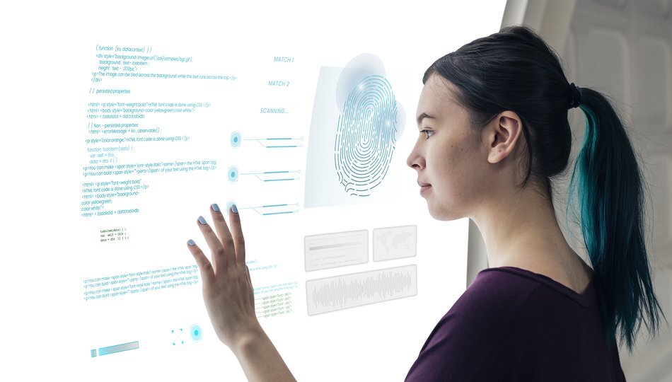 Woman interacting with a biometric scanning and code interface, representing enterprise AI use cases and fast ROI potential.