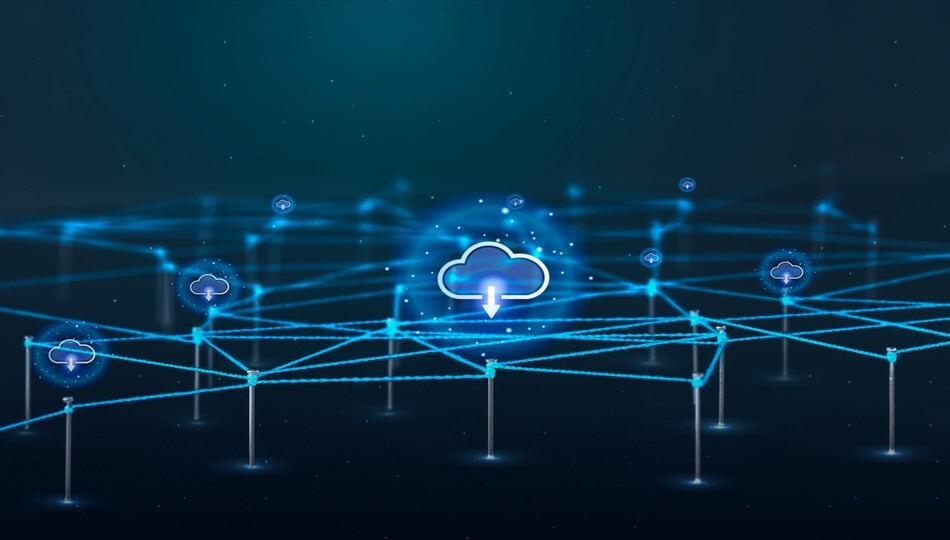 Glowing blue network of connected nodes with cloud download icons, representing cloud data warehouse architecture for enterprises