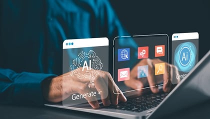 Person typing on laptop with AI generation icons and brain circuit graphic, representing custom AI development for business.