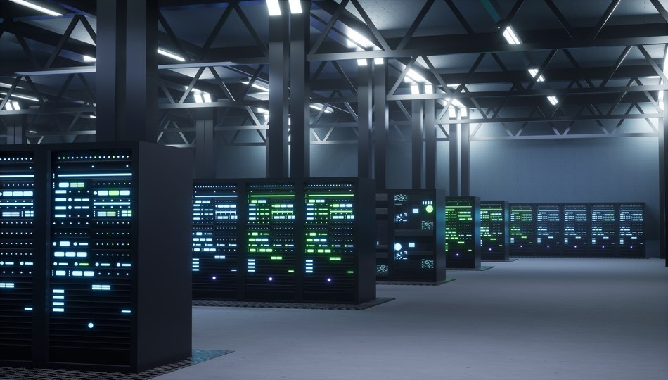 Rows of illuminated server racks with glowing blue and green status lights in a modern data center, representing data lake, data warehouse, and data lakehouse infrastructure