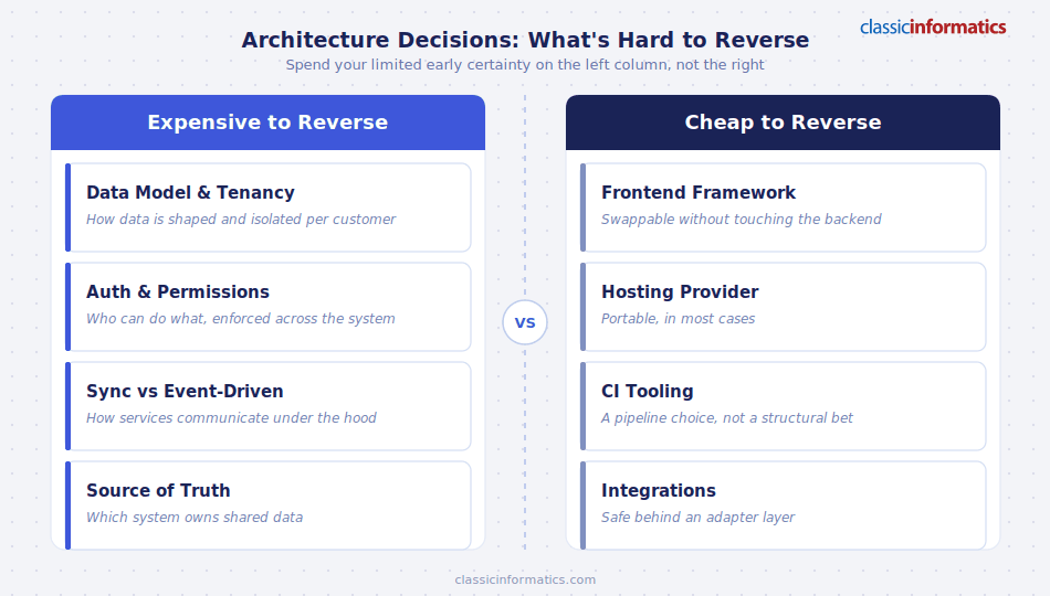 A comparison of architecture decisions in digital product development: expensive-to-reverse choices like data model, auth, and source of truth vs cheap-to-reverse choices like frontend framework and hosting