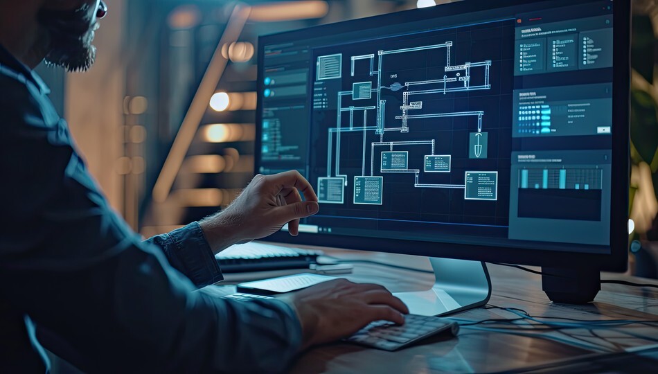Man reviewing a system architecture diagram on a large monitor with data dashboards.