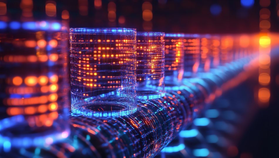 Close-up of glowing glass data cylinders with binary code patterns, representing structured data flow in an ETL pipeline
