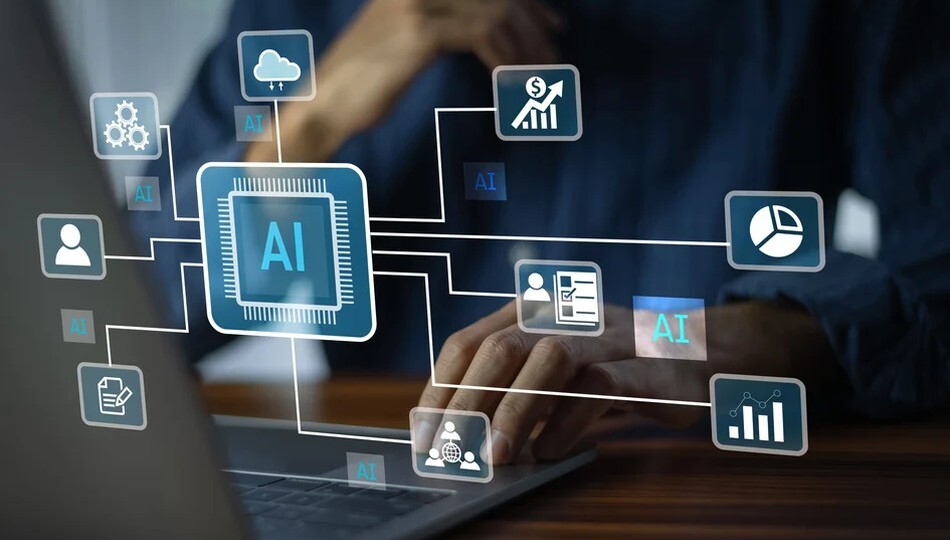 How to build an AI-first SaaS product shown by a person on a laptop with AI chip icons.