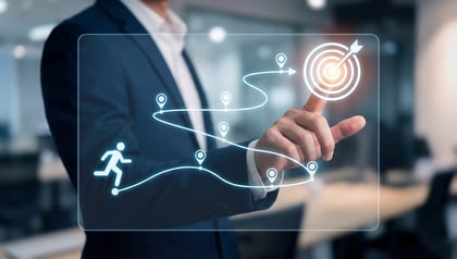 Businessman tapping a digital target icon on a virtual roadmap with milestone markers, symbolizing a step-by-step application modernization roadmap