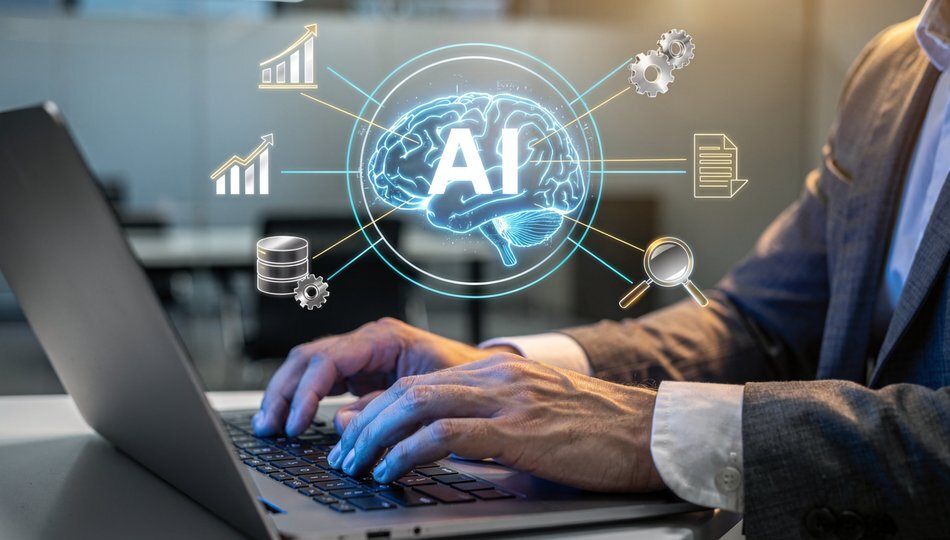 Professional typing on laptop with AI brain graphic and data icons, representing enterprise artificial intelligence strategy.