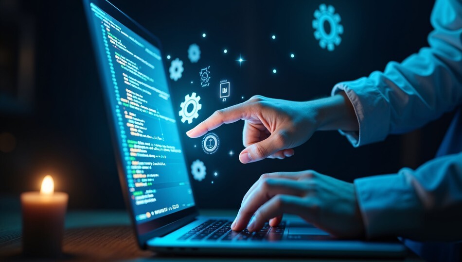 How to choose a custom software development company shown by hands on a laptop with code and gear icons.