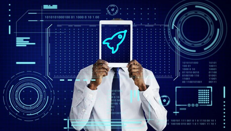 Minimum marketable product concept shown as a rocket icon held on a tablet by a businessman.