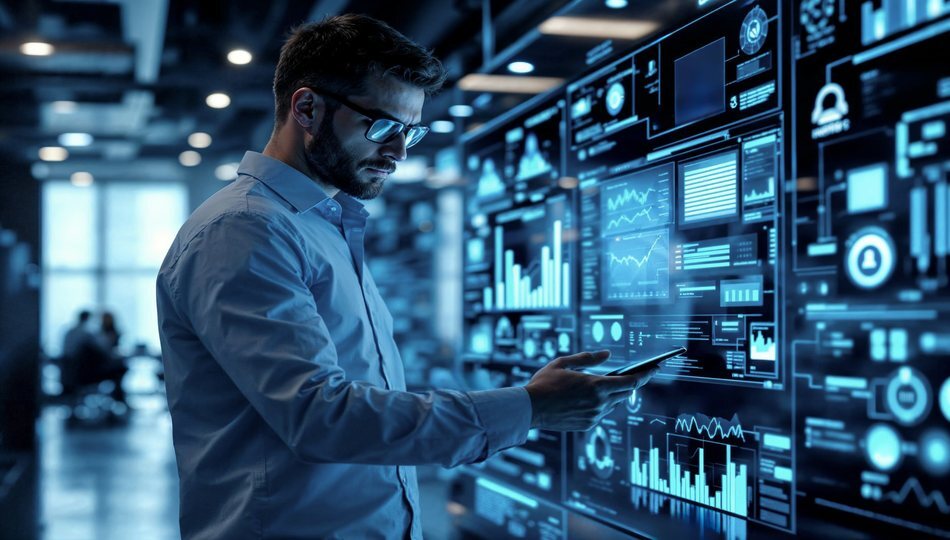 IT professional viewing a tablet in front of a large wall of glowing blue data dashboards and analytics charts, representing modern enterprise data architecture