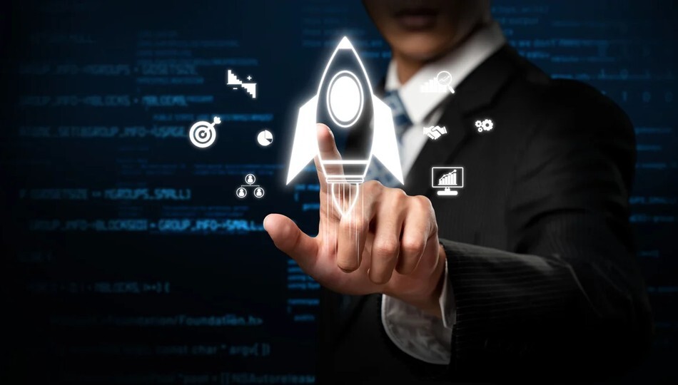Product validation concept shown through a businessman touching a glowing rocket and data icons.