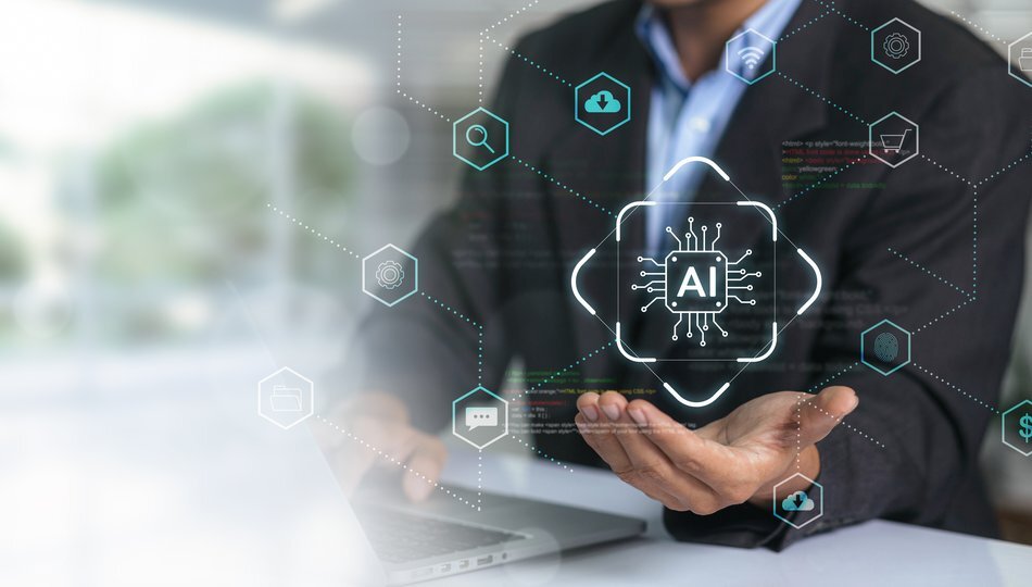 Businessman holding a glowing AI chip icon surrounded by connected data and security icons, representing responsible enterprise AI.