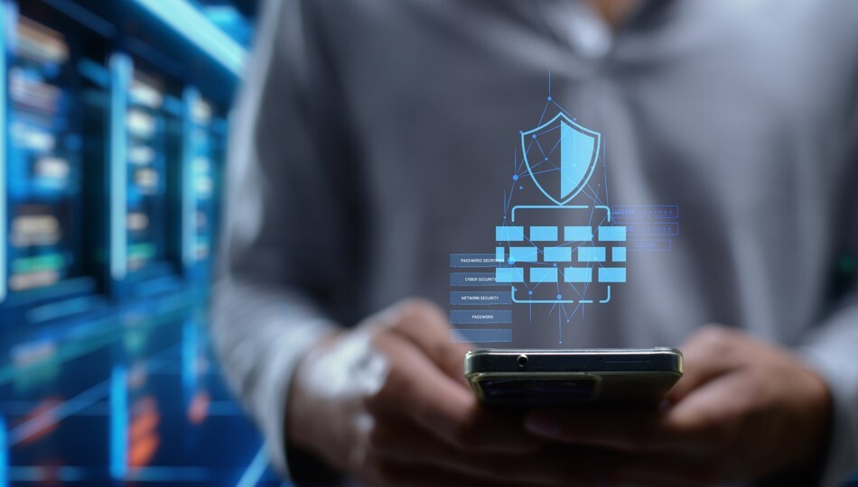 SaaS application security shown by a person on a phone with shield, firewall, and password icons.