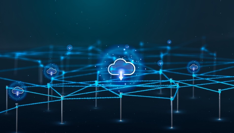 SaaS architecture shown as a glowing cloud network with connected nodes and data storage icons.