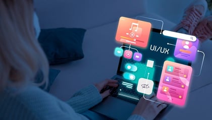 SaaS UX design shown by a woman working on a laptop with UI/UX interface elements overlaid.