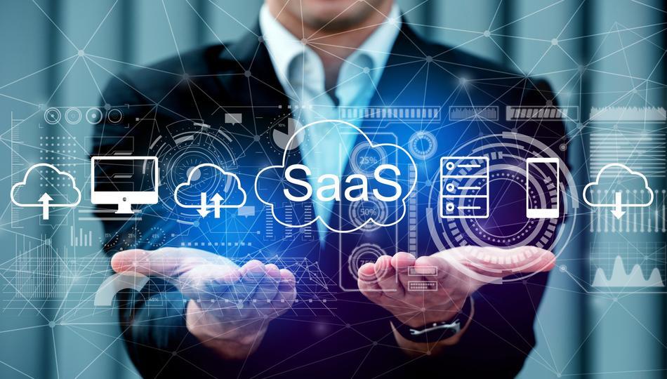 SaaS vs on-premise comparison shown by a businessman holding SaaS cloud, server, and device icons.