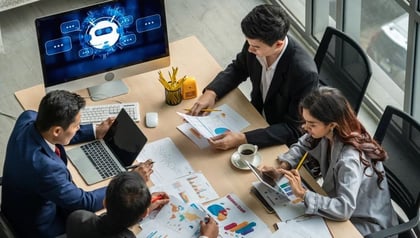 Top 10 AI agent development companies concept shown by a team reviewing charts beside an AI chatbot screen.