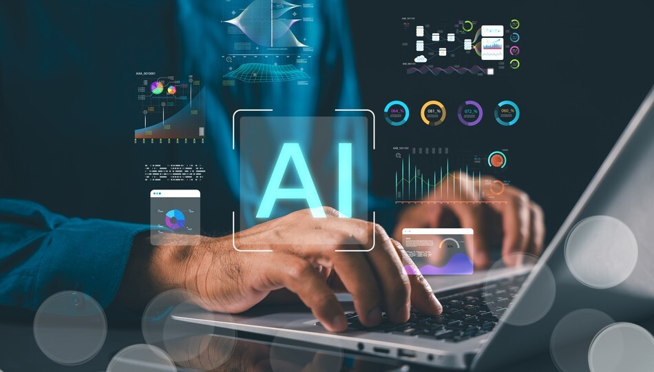 Developer typing on laptop surrounded by AI data visualizations, charts, and analytics overlays.