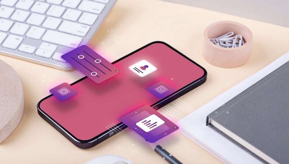Top 20 mobile app development companies concept shown by a smartphone with floating app interface icons.