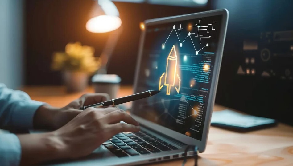 Minimum viable product concept shown as a rocket icon and roadmap graphic on a laptop screen.