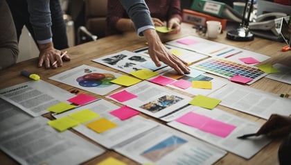 Team collaborating over color swatches, sticky notes, and printed documents during a strategy session.