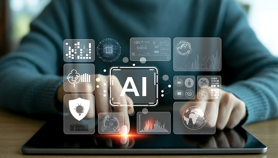 Person touching a glowing AI icon on tablet surrounded by data and analytics interface panels.