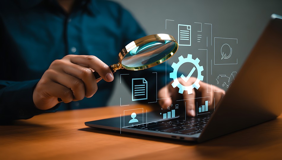 Hand holding a magnifying glass over a laptop with digital icons for documents, verification checkmark, and analytics, representing data quality management
