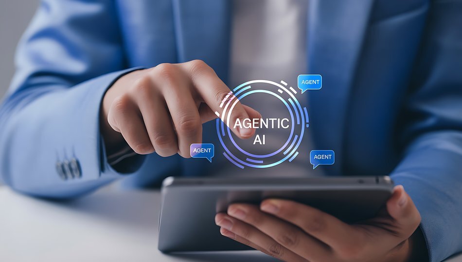 Business professional tapping tablet with Agentic AI interface, showing autonomous AI agents connected in a digital network.
