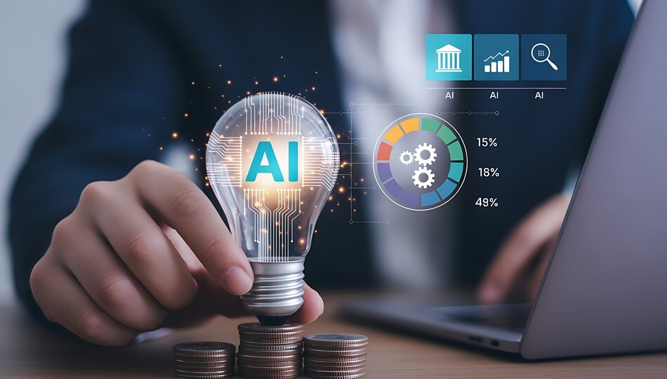 Hand placing AI lightbulb on stacked coins beside financial charts, representing AI budget planning.