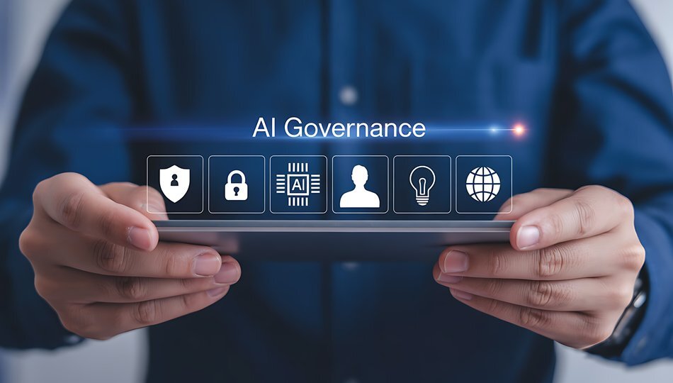 Hands holding tablet displaying AI Governance icons for security, ethics, and oversight in enterprise AI frameworks.