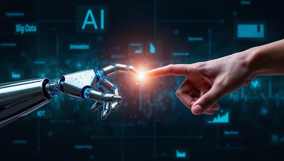 Human finger touching robotic hand against a tech dashboard, symbolizing AI implementation and human-machine collaboration in enterprises.