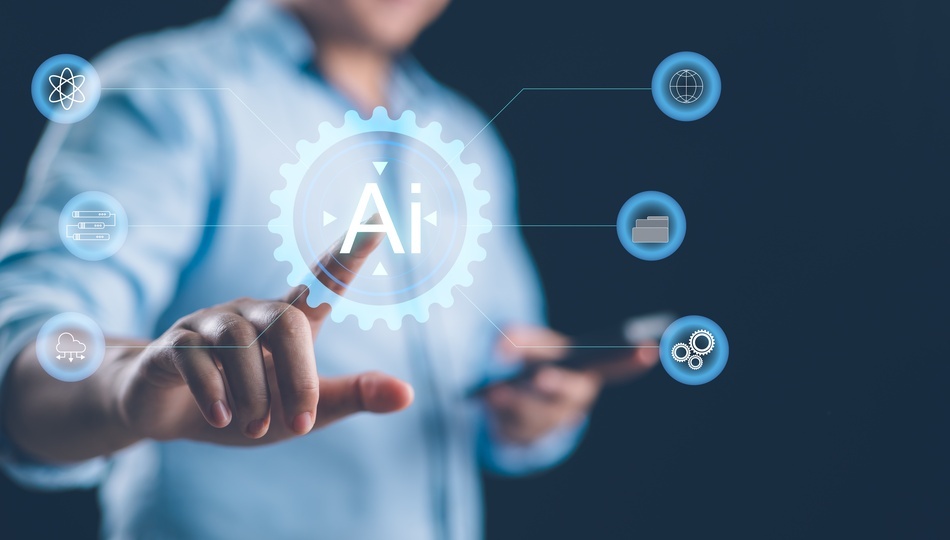 Businessperson touching a glowing AI icon linked to cloud, data, and network technology diagrams.