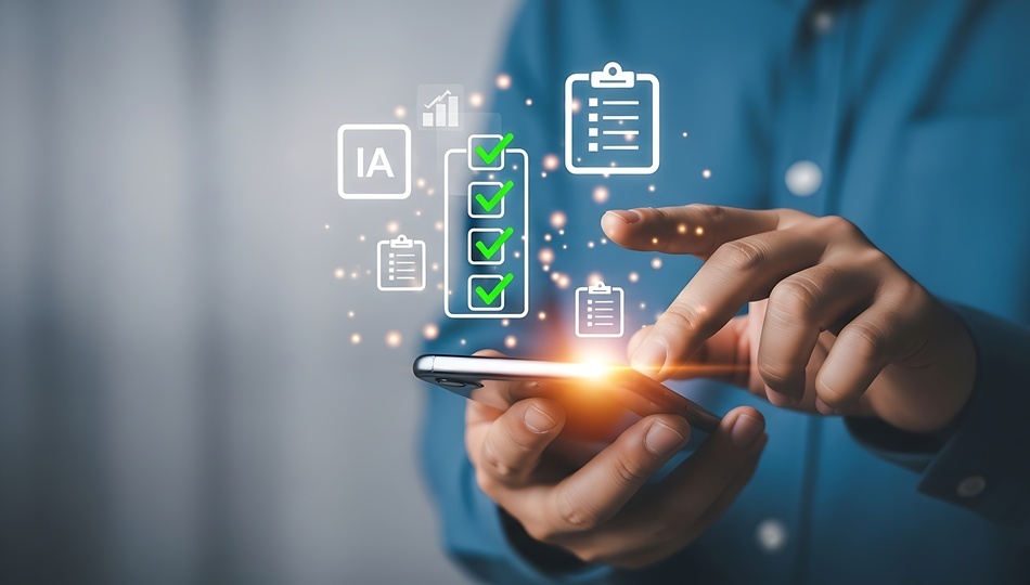 Person using smartphone with digital checklist and clipboard icons, symbolizing AI readiness checklist.