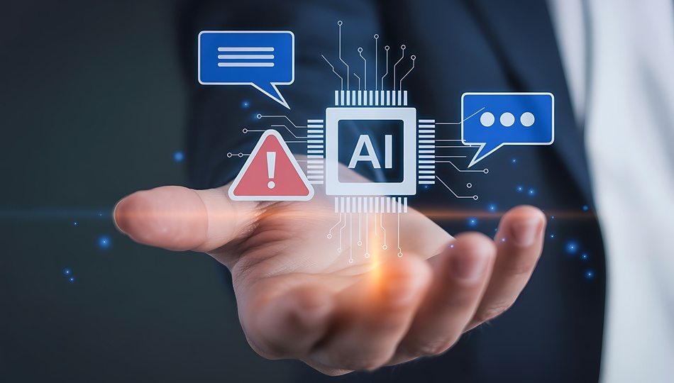 Open hand presenting AI chip icon with warning and chat symbols, representing AI risk management.