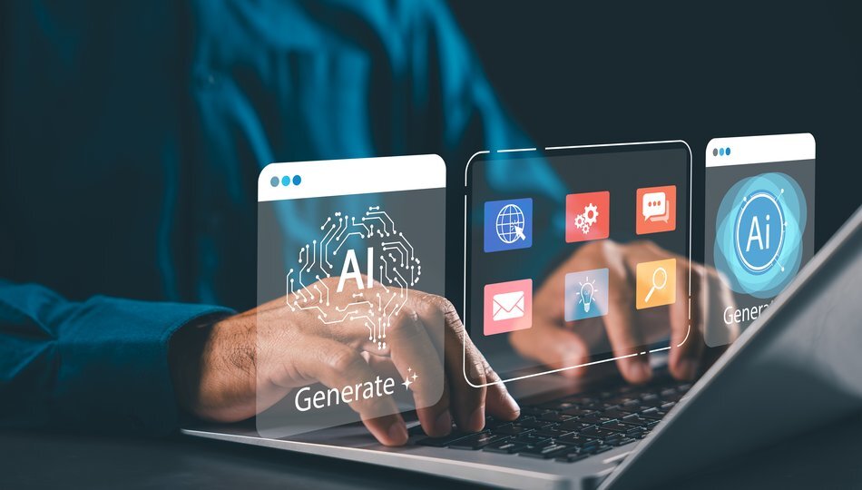 Person typing on laptop with AI generation icons and brain circuit graphic, representing custom AI development for business.