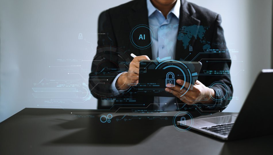 Business professional securing enterprise data on tablet, symbolizing AI adoption and cybersecurity in production environments.