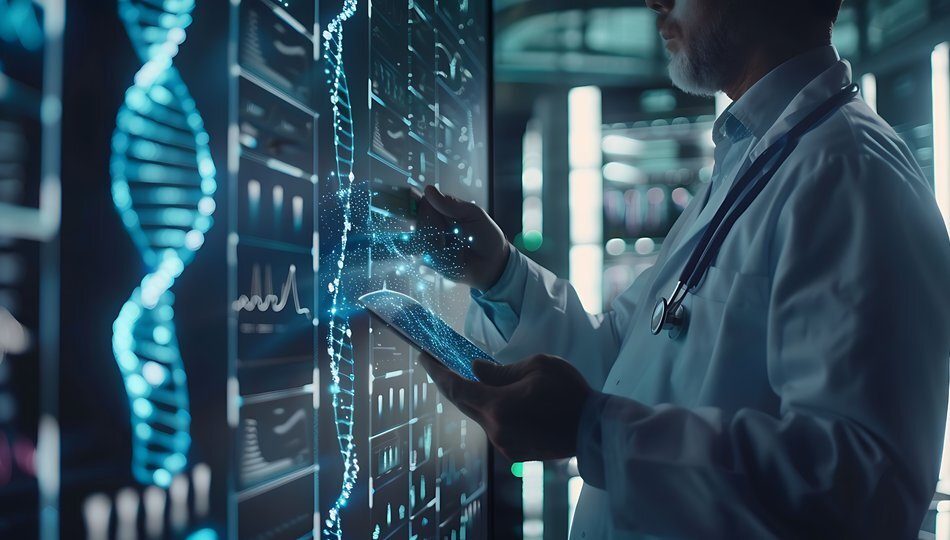 Doctor analyzing patient DNA data on a digital screen, representing healthcare data engineering.