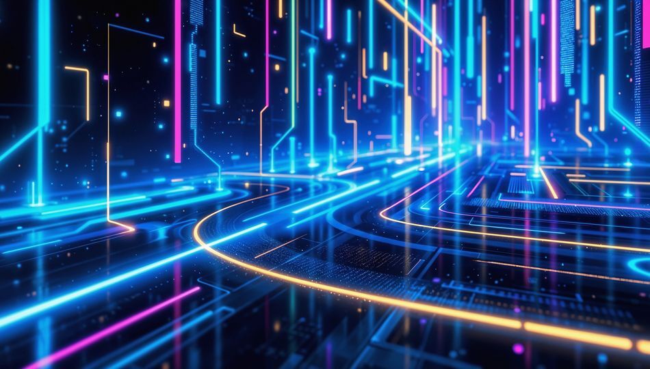Abstract glowing circuit network with light trails, representing an enterprise AI roadmap.