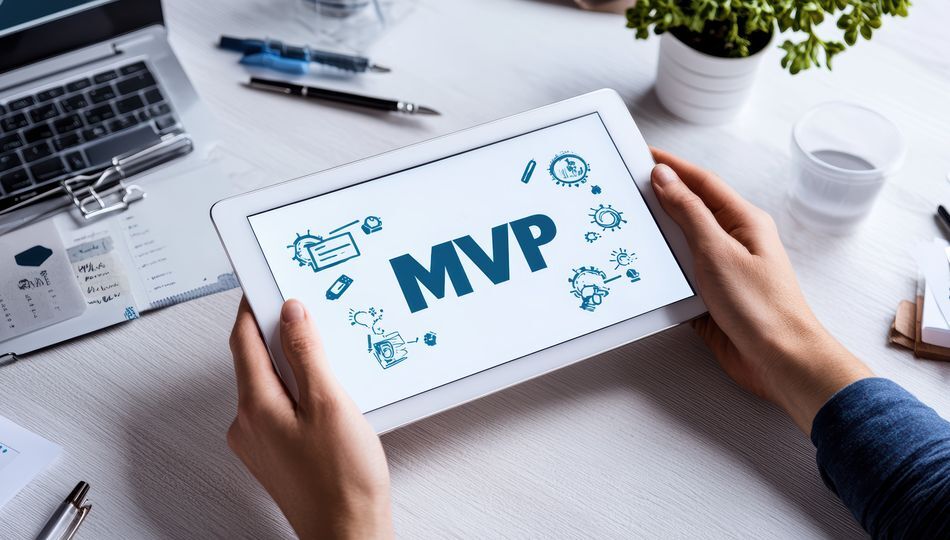 MVP vs prototype vs PoC concept displayed on a tablet screen held by two hands at a desk.
