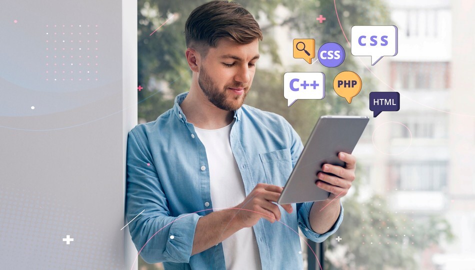 Software development trends for 2026 shown by a man using a tablet with floating code language icons.