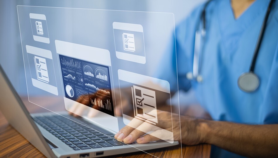 Healthcare professional using laptop with patient engagement dashboard and analytics overlay.