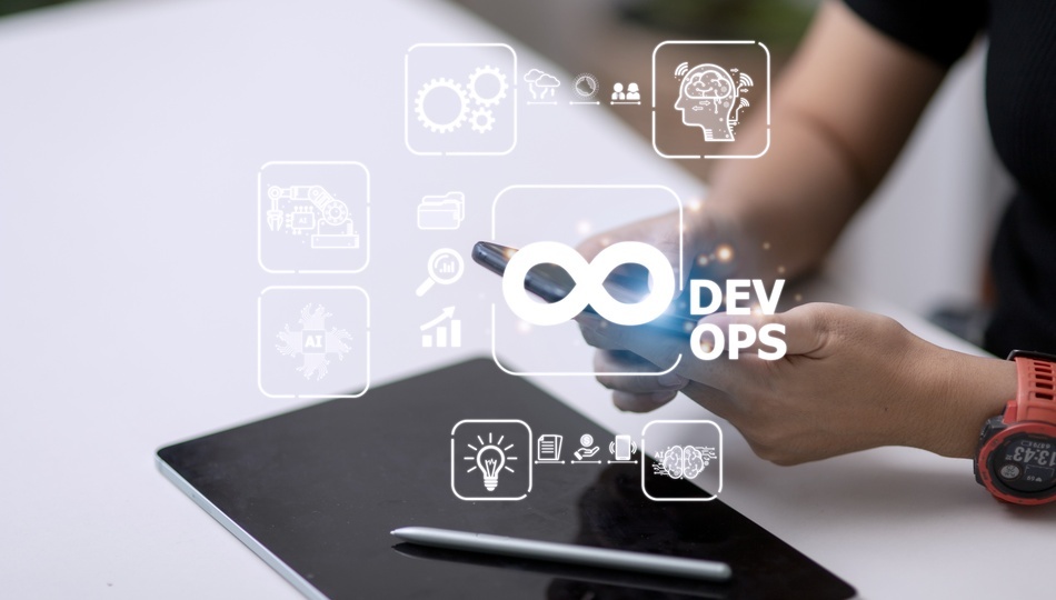 Product development life cycle concept shown through DevOps infinity symbol and tech icons on a screen.