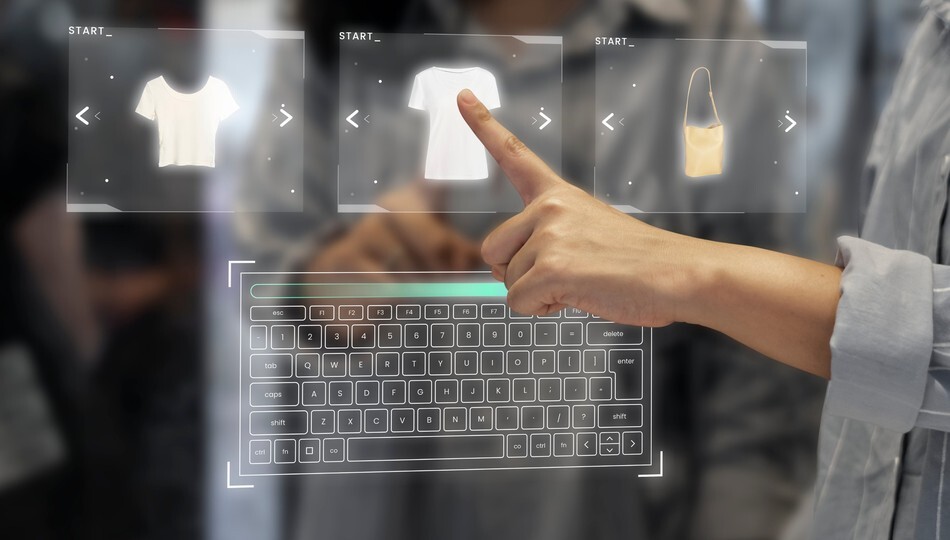 Custom retail software development shown by a hand selecting clothing items on a digital shopping interface.