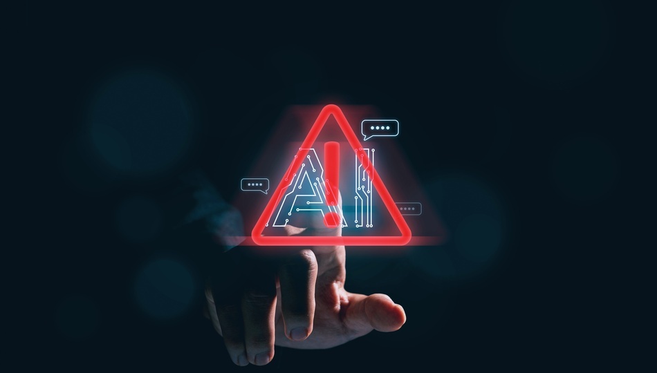 Hand touching a glowing red AI warning triangle, symbolizing risks in scaling AI pilots.